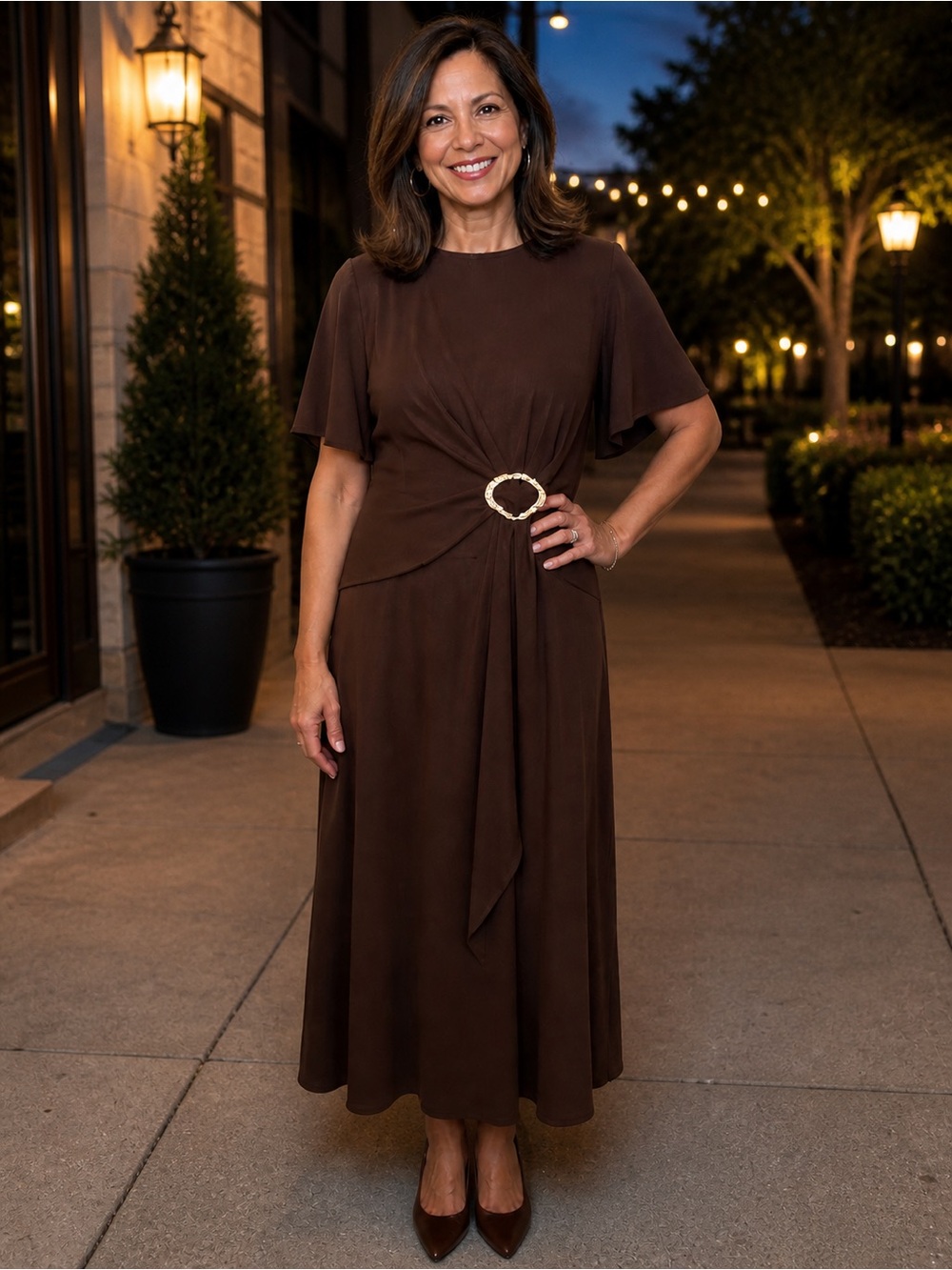 SHEIN Brown Maxi Dress with Waist Ring Detail